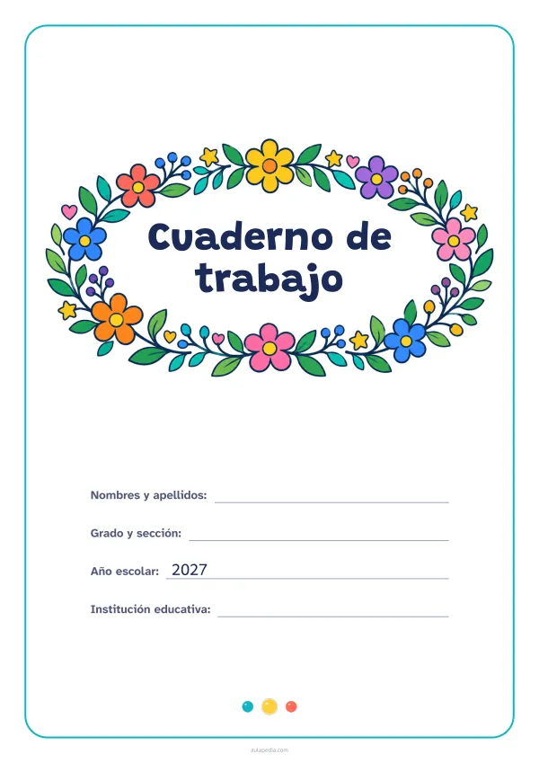Portada de «Cuaderno de trabajo» a color, con el título dentro de una corona de hojas y flores. Dibujo: una corona ovalada de hojas, flores, estrellas y corazones, con el centro vacío para el título.
