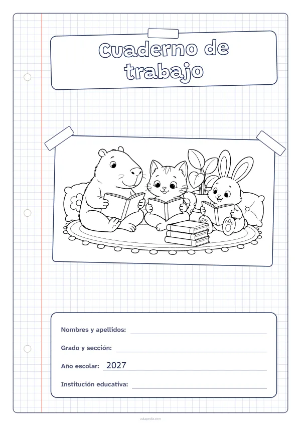 Portada de «Cuaderno de trabajo» para colorear, con una hoja cuadriculada con margen, el título en un cartel y el dibujo pegado como una foto. Dibujo: un capibara, un gato y un conejo que leen juntos sobre una alfombra, con una pila de libros, cojines y una planta.