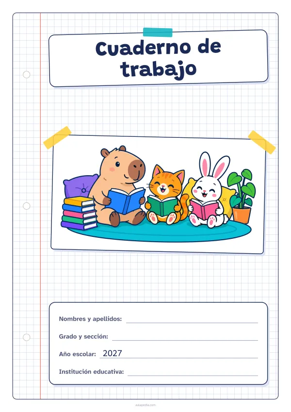 Portada de «Cuaderno de trabajo» a color, con una hoja cuadriculada con margen, el título en un cartel y el dibujo pegado como una foto. Dibujo: un capibara, un gato y un conejo que leen juntos sobre una alfombra, con una pila de libros, cojines y una planta.