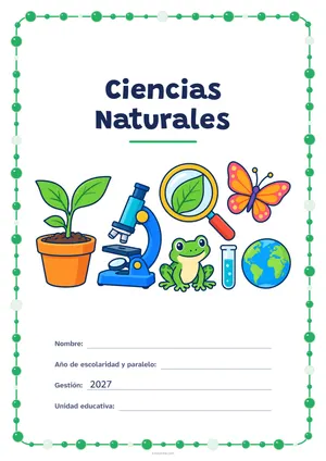 Carátula de «Ciencias Naturales» para Bolivia, a color, con un marco redondeado de gomets de varios tamaños. Dibujo: una planta que brota en su maceta, un microscopio, una lupa sobre una hoja, una mariposa, una rana, un tubo de ensayo y el planeta Tierra.
