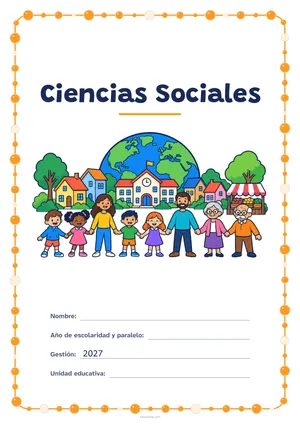 Carátula de «Ciencias Sociales» para Bolivia, a color, con un marco redondeado de gomets de varios tamaños. Dibujo: un pueblo con casas, una escuela y un puesto de mercado, ocho vecinos de todas las edades tomados de la mano y, detrás, el planeta Tierra.