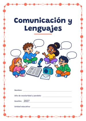 Carátula de «Comunicación y Lenguajes» para Bolivia, a color, con un marco redondeado de gomets de varios tamaños. Dibujo: cuatro niñas y niños que conversan sentados en círculo, con globos de diálogo, un micrófono, un periódico, una radio y un sobre.