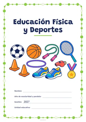 Carátula de «Educación Física y Deportes» para Bolivia, a color, con un marco redondeado de gomets de varios tamaños. Dibujo: un balón de fútbol, uno de baloncesto, una cuerda de saltar, unas zapatillas, un silbato, dos conos, un aro, una medalla y una raqueta.