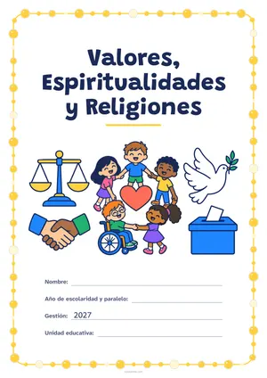 Carátula de «Valores, Espiritualidades y Religiones» para Bolivia, a color, con un marco redondeado de gomets de varios tamaños. Dibujo: una balanza, dos manos que se estrechan, cinco niñas y niños en corro alrededor de un corazón (uno de ellos, en silla de ruedas), una paloma y una urna con una papeleta.