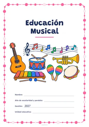 Carátula de «Educación Musical» para Bolivia, a color, con un marco redondeado de gomets de varios tamaños. Dibujo: una guitarra, un tambor, una trompeta, unas maracas, un xilófono, una pandereta y notas musicales sobre un pentagrama.