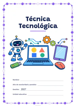 Carátula de «Técnica Tecnológica» para Bolivia, a color, con un marco redondeado de gomets de varios tamaños. Dibujo: una computadora portátil con figuras en la pantalla, un ratón, un robot que saluda, engranajes, una tableta, una memoria USB y líneas de circuito.