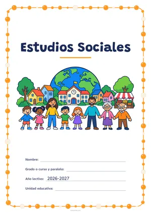 Carátula de «Estudios Sociales» para Ecuador, a color, con un marco redondeado de gomets de varios tamaños. Dibujo: un pueblo con casas, una escuela y un puesto de mercado, ocho vecinos de todas las edades tomados de la mano y, detrás, el planeta Tierra.