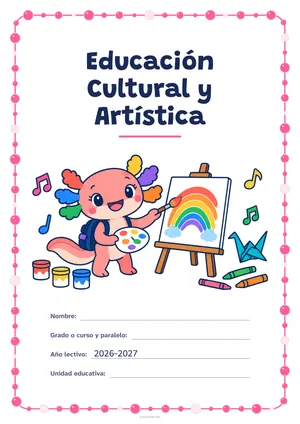 Carátula de «Educación Cultural y Artística» para Ecuador, a color, con un marco redondeado de gomets de varios tamaños. Dibujo: Axi, la ajolota de Aulapedia, que pinta un arcoíris en un lienzo, con botes de pintura, lápices de cera, una pajarita de papel y notas musicales.