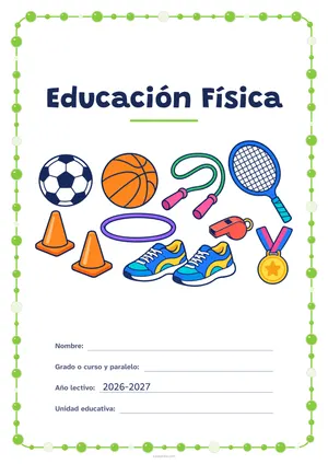 Carátula de «Educación Física» para Ecuador, a color, con un marco redondeado de gomets de varios tamaños. Dibujo: un balón de fútbol, uno de baloncesto, una cuerda de saltar, unas zapatillas, un silbato, dos conos, un aro, una medalla y una raqueta.