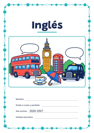 Carátula de «Inglés» para Ecuador, a color, con un marco redondeado de gomets de varios tamaños. Dibujo: un autobús de dos pisos, una torre con reloj, una cabina de teléfono, un taxi, una taza de té, un paraguas y dos globos de diálogo.