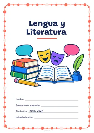 Carátula de «Lengua y Literatura» para Ecuador, a color, con un marco redondeado de gomets de varios tamaños. Dibujo: una pila de libros, un libro abierto, un lápiz, una pluma en su tintero, dos globos de diálogo y dos máscaras de teatro.