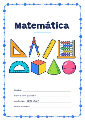Carátula de «Matemática» para Ecuador, a color, con un marco redondeado de gomets de varios tamaños. Dibujo: una escuadra, un compás, una regla, un ábaco, un transportador, un cubo, un cono y una esfera.