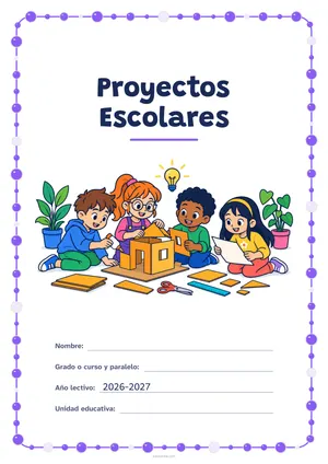 Carátula de «Proyectos Escolares» para Ecuador, a color, con un marco redondeado de gomets de varios tamaños. Dibujo: cuatro niñas y niños que construyen juntos una maqueta de cartón, con pegamento, tijeras, una regla y un plano, una bombilla encendida y plantas.