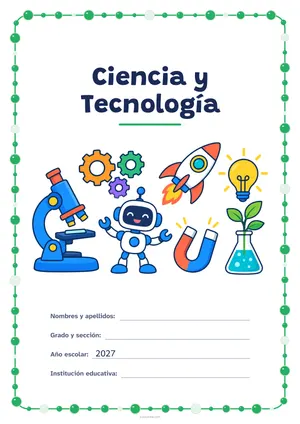 Carátula de «Ciencia y Tecnología» para Perú, a color, con un marco redondeado de gomets de varios tamaños. Dibujo: un microscopio, un robot que saluda, engranajes, un cohete, una bombilla encendida, un imán y una planta en un matraz.