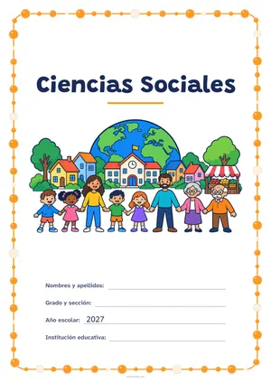 Carátula de «Ciencias Sociales» para Perú, a color, con un marco redondeado de gomets de varios tamaños. Dibujo: un pueblo con casas, una escuela y un puesto de mercado, ocho vecinos de todas las edades tomados de la mano y, detrás, el planeta Tierra.