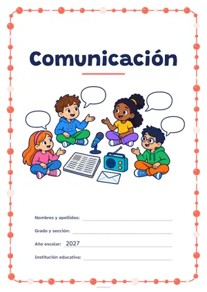 Carátula de «Comunicación» para Perú, a color, con un marco redondeado de gomets de varios tamaños. Dibujo: cuatro niñas y niños que conversan sentados en círculo, con globos de diálogo, un micrófono, un periódico, una radio y un sobre.