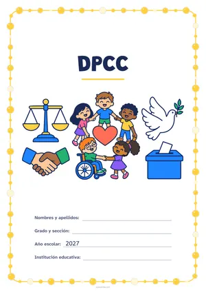Carátula de «DPCC» para Perú, a color, con un marco redondeado de gomets de varios tamaños. Dibujo: una balanza, dos manos que se estrechan, cinco niñas y niños en corro alrededor de un corazón (uno de ellos, en silla de ruedas), una paloma y una urna con una papeleta.