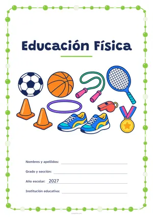 Carátula de «Educación Física» para Perú, a color, con un marco redondeado de gomets de varios tamaños. Dibujo: un balón de fútbol, uno de baloncesto, una cuerda de saltar, unas zapatillas, un silbato, dos conos, un aro, una medalla y una raqueta.