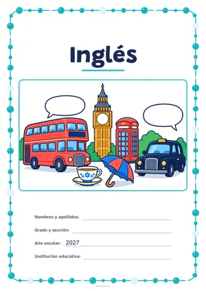 Carátula de «Inglés» para Perú, a color, con un marco redondeado de gomets de varios tamaños. Dibujo: un autobús de dos pisos, una torre con reloj, una cabina de teléfono, un taxi, una taza de té, un paraguas y dos globos de diálogo.