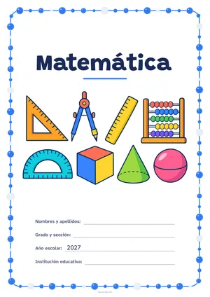 Carátula de «Matemática» para Perú, a color, con un marco redondeado de gomets de varios tamaños. Dibujo: una escuadra, un compás, una regla, un ábaco, un transportador, un cubo, un cono y una esfera.