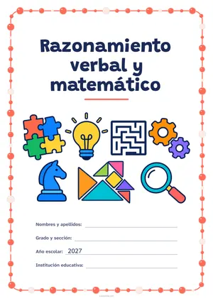 Carátula de «Razonamiento verbal y matemático» para Perú, a color, con un marco redondeado de gomets de varios tamaños. Dibujo: piezas de rompecabezas, una bombilla, un laberinto, engranajes, un caballo de ajedrez, piezas geométricas y una lupa.
