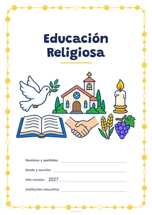 Carátula de «Educación Religiosa» para Perú, a color, con un marco redondeado de gomets de varios tamaños. Dibujo: una paloma con una rama de olivo, una capilla, una vela encendida, un libro abierto, dos manos que se estrechan, espigas de trigo y un racimo de uvas.