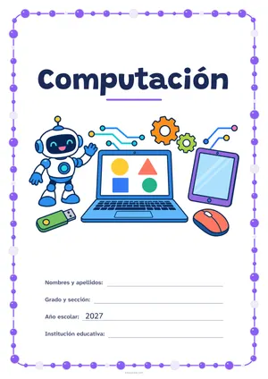 Carátula de «Computación» para Perú, a color, con un marco redondeado de gomets de varios tamaños. Dibujo: una computadora portátil con figuras en la pantalla, un ratón, un robot que saluda, engranajes, una tableta, una memoria USB y líneas de circuito.