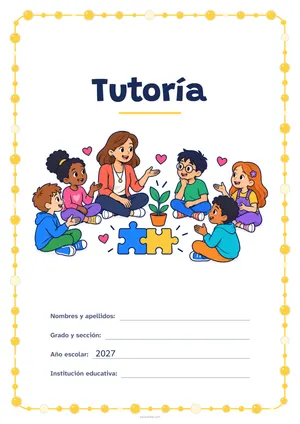 Carátula de «Tutoría» para Perú, a color, con un marco redondeado de gomets de varios tamaños. Dibujo: una maestra y cinco estudiantes que conversan sentados en círculo, con corazones, dos piezas de rompecabezas que encajan y una planta que crece.