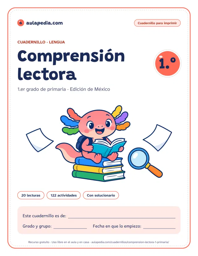 Portada del cuadernillo de comprensión lectora de 1.er grado de primaria: el título, Axi, la ajolota de Aulapedia, que lee sentada en una pila de tres libros, con una lupa y dos hojas en blanco, y el recuadro para el nombre (edición de México)