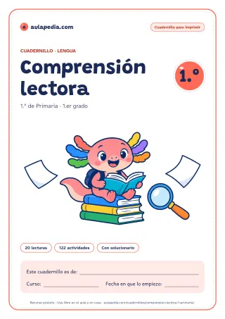 Portada del cuadernillo de comprensión lectora de 1.º de Primaria: el título, Axi, la ajolota de Aulapedia, que lee sentada en una pila de tres libros, con una lupa y dos hojas en blanco, y el recuadro para el nombre