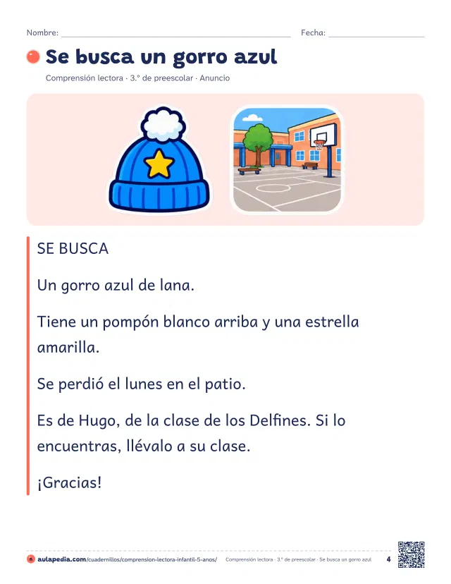 Página 4 del cuadernillo de comprensión lectora de 3.º de preescolar: «Se busca un gorro azul» (Para empezar (lecturas 1 a 7))