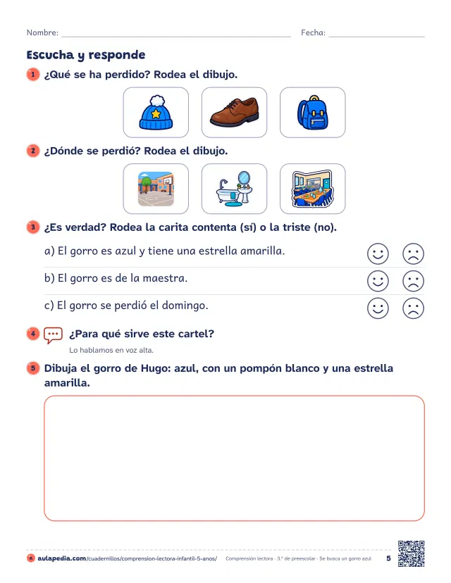 Página 5 del cuadernillo de comprensión lectora de 3.º de preescolar: segunda hoja de «Se busca un gorro azul»