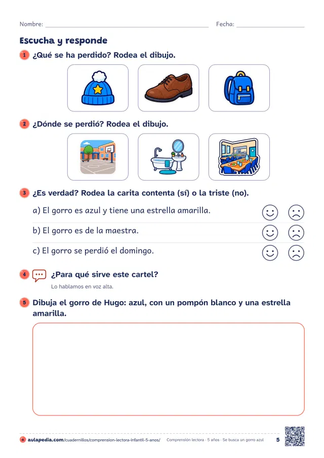 Página 5 del cuadernillo de comprensión lectora de Infantil 5 años: segunda hoja de «Se busca un gorro azul»