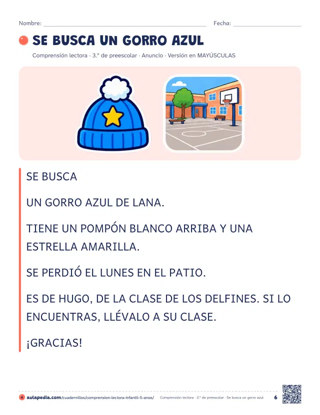 Página 6 del cuadernillo de comprensión lectora de 3.º de preescolar: el texto de «Se busca un gorro azul» en MAYÚSCULAS, para quien empieza a leer con esa letra