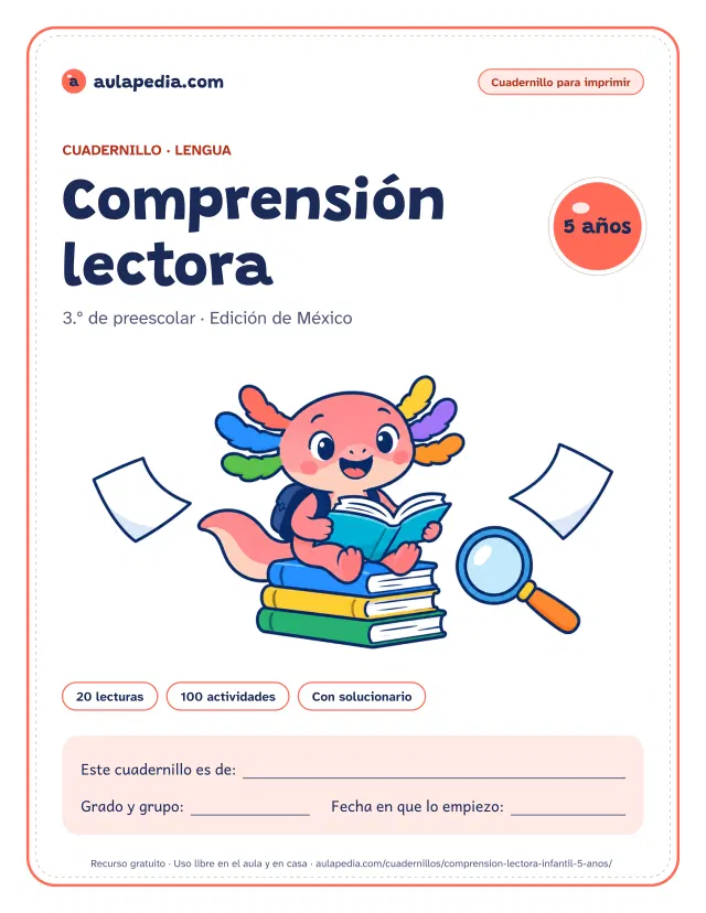 Portada del cuadernillo de comprensión lectora de 3.º de preescolar: el título, Axi, la ajolota de Aulapedia, que lee sentada en una pila de tres libros, con una lupa y dos hojas en blanco, y el recuadro para el nombre (edición de México)