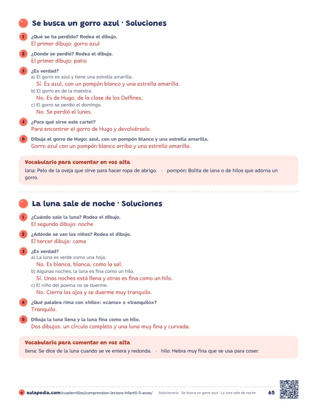 Página 65 del cuadernillo de comprensión lectora de 3.º de preescolar: solucionario de «Se busca un gorro azul» y de «La luna sale de noche», con las respuestas en rojo