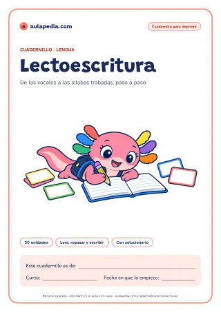 Portada del cuadernillo de lectoescritura: el título, Axi, la ajolota de Aulapedia, que escribe con un lápiz en un cuaderno pautado, rodeada de tarjetas en blanco, y el recuadro para el nombre