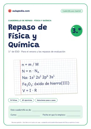 Portada del cuadernillo de repaso de Física y Química de 3.º de ESO: el título, una hoja cuadriculada con fórmulas del curso escritas a mano, como «n = m / M» y «N = n · NA», y el recuadro para el nombre