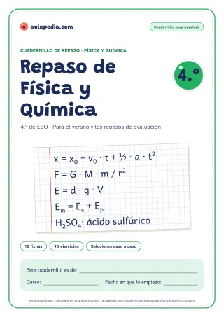Portada del cuadernillo de repaso de Física y Química de 4.º de ESO: el título, una hoja cuadriculada con fórmulas del curso escritas a mano, como «x = x₀ + v₀ · t + ½ · a · t²» y «F = G · M · m / r²», y el recuadro para el nombre