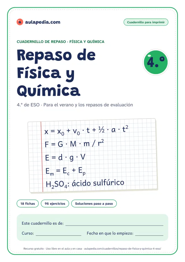 Portada del cuadernillo de repaso de Física y Química de 4.º de ESO: el título, una hoja cuadriculada con fórmulas del curso escritas a mano, como «x = x₀ + v₀ · t + ½ · a · t²» y «F = G · M · m / r²», y el recuadro para el nombre