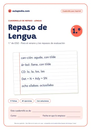Portada del cuadernillo de repaso de Lengua de 1.º de ESO: el título, una hoja de libreta de rayas con apuntes del curso escritos a mano, como «can-ción: aguda, con tilde» y «ár-bol: llana, con tilde», y el recuadro para el nombre
