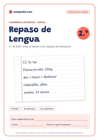 Portada del cuadernillo de repaso de Lengua de 2.º de ESO: el título, una hoja de libreta de rayas con apuntes del curso escritos a mano, como «CI: le, les» y «Piensa en ella: CRég», y el recuadro para el nombre