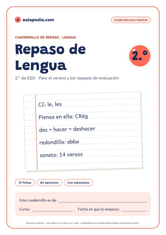 Portada del cuadernillo de repaso de Lengua de 2.º de ESO: el título, una hoja de libreta de rayas con apuntes del curso escritos a mano, como «CI: le, les» y «Piensa en ella: CRég», y el recuadro para el nombre