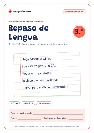 Portada del cuadernillo de repaso de Lengua de 3.º de ESO: el título, una hoja de libreta de rayas con apuntes del curso escritos a mano, como «Llegó cansada: CPred» y «Fue escrito por Ana: CAg», y el recuadro para el nombre