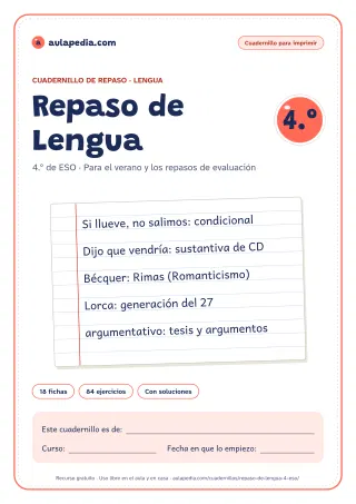 Portada del cuadernillo de repaso de Lengua de 4.º de ESO: el título, una hoja de libreta de rayas con apuntes del curso escritos a mano, como «Si llueve, no salimos: condicional» y «Dijo que vendría: sustantiva de CD», y el recuadro para el nombre