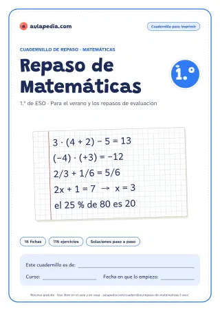 Portada del cuadernillo de repaso de Matemáticas de 1.º de ESO: el título, una hoja cuadriculada con fórmulas del curso escritas a mano, como «3 · (4 + 2) − 5 = 13» y «(−4) · (+3) = −12», y el recuadro para el nombre