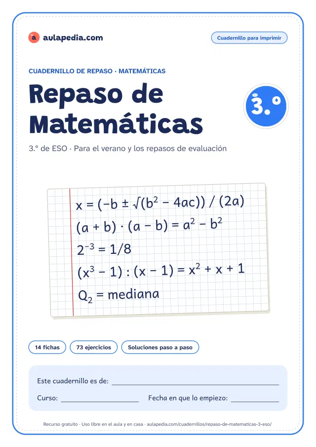 Portada del cuadernillo de repaso de Matemáticas de 3.º de ESO: el título, una hoja cuadriculada con fórmulas del curso escritas a mano, como «x = (−b ± √(b² − 4ac)) / (2a)» y «(a + b) · (a − b) = a² − b²», y el recuadro para el nombre