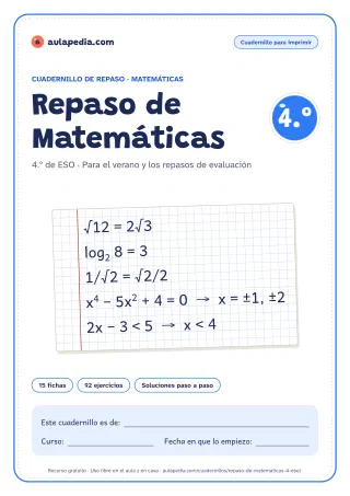 Portada del cuadernillo de repaso de Matemáticas de 4.º de ESO: el título, una hoja cuadriculada con fórmulas del curso escritas a mano, como «√12 = 2√3» y «log₂ 8 = 3», y el recuadro para el nombre