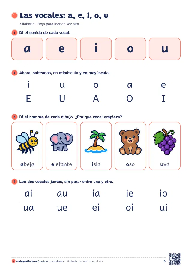 Página 5 del silabario para imprimir: «Las vocales: a, e, i, o, u» (Las vocales)