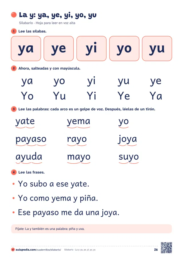Página 26 del silabario para imprimir: «La y: ya, ye, yi, yo, yu» (Sílabas directas: ll, ñ, y, ch, z, ce, ci, h, k, w y x)